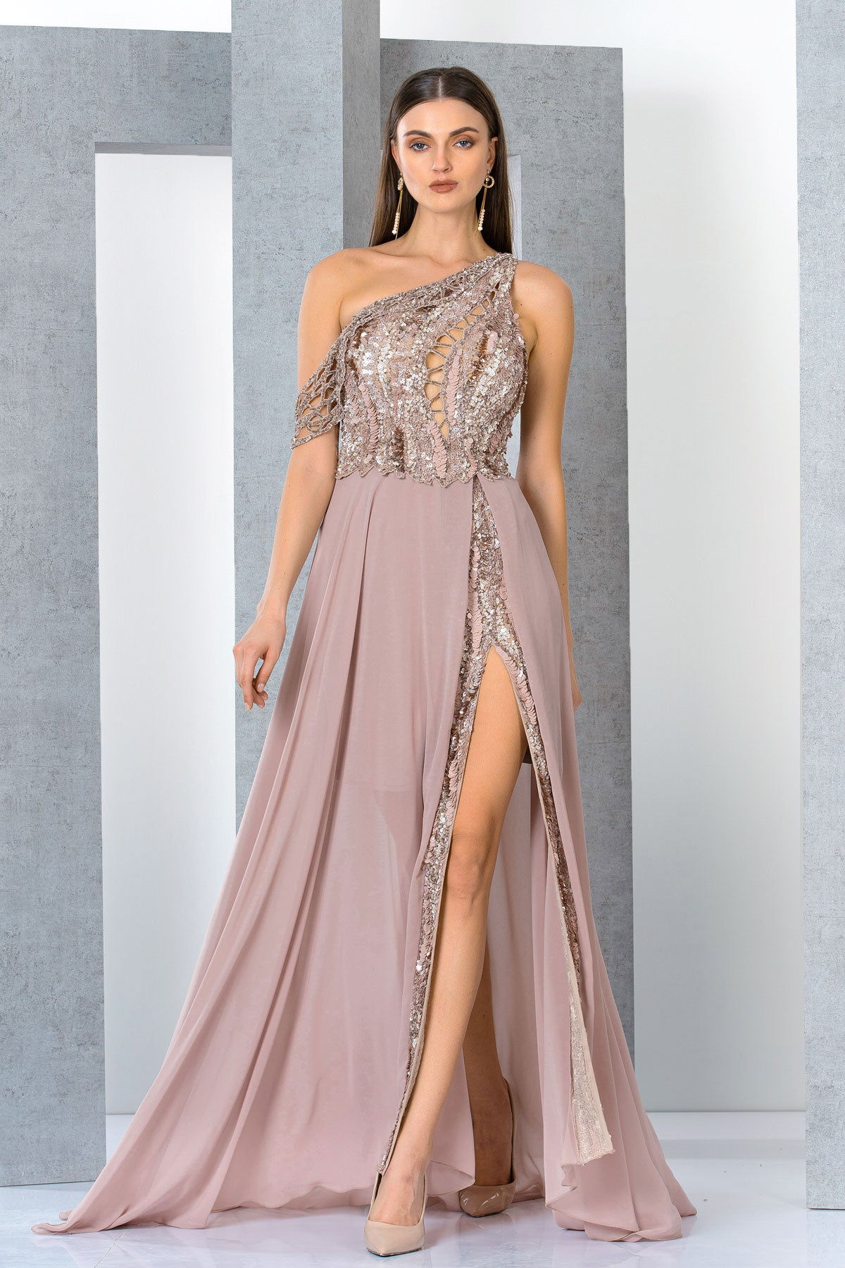 Hellen One Shoulder Chiffon Flowy Evening Gown